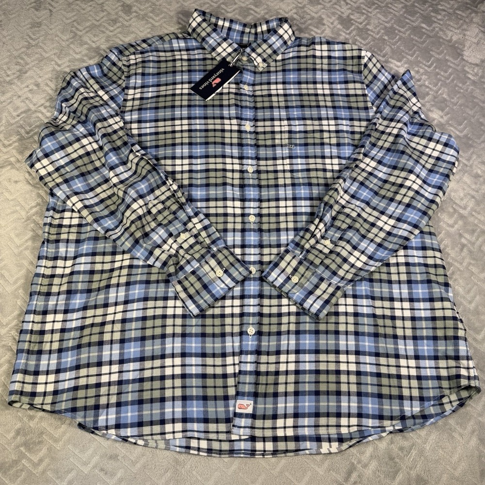 Vineyard Vines Shirt Mens XXL Marine Plaid Slim Murray Sage Olive LS New W/ Tag